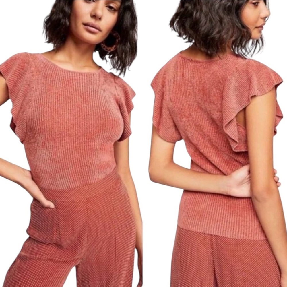 Free People Nikita Chenille Ribbed Ruffle Sleeve Knit Top in Rosie - M